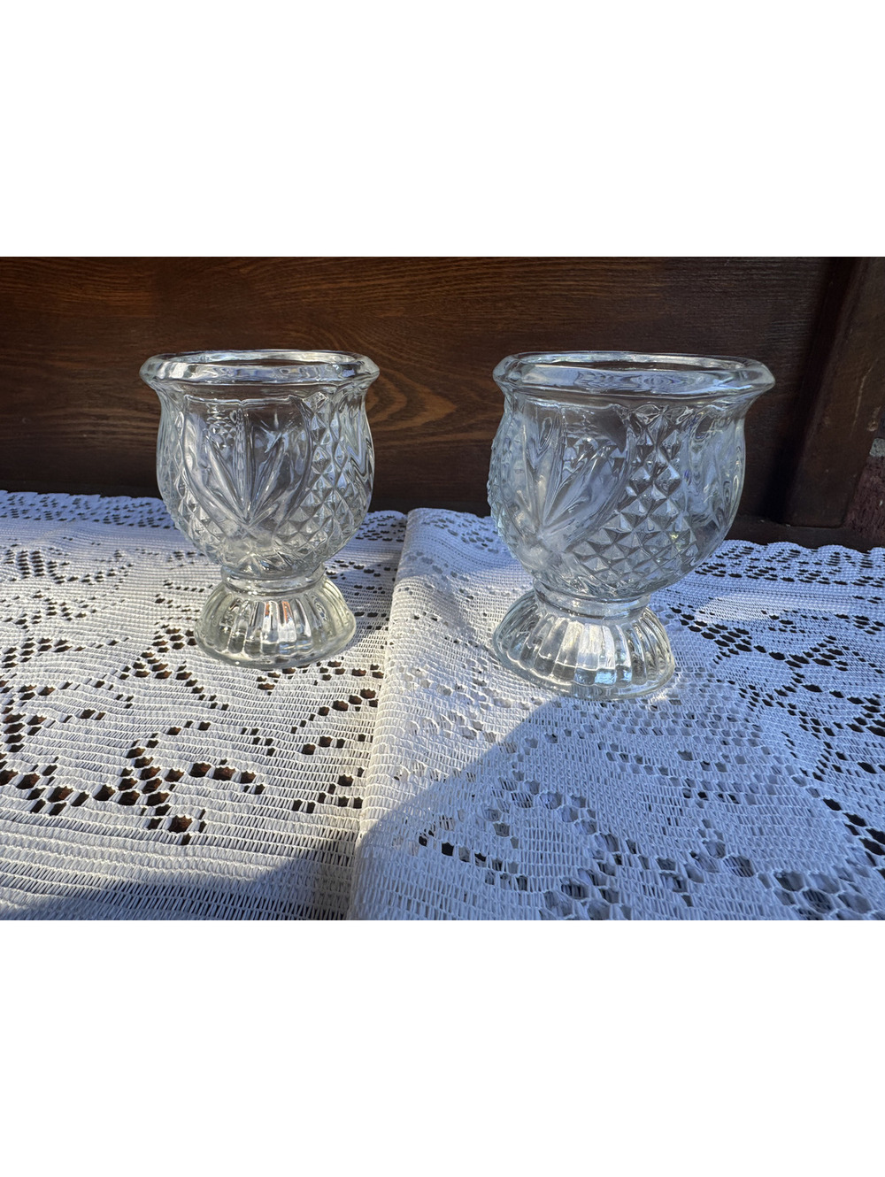 Vintage Pair of Reversible Candle Holders with Leaf and Diamond Pattern